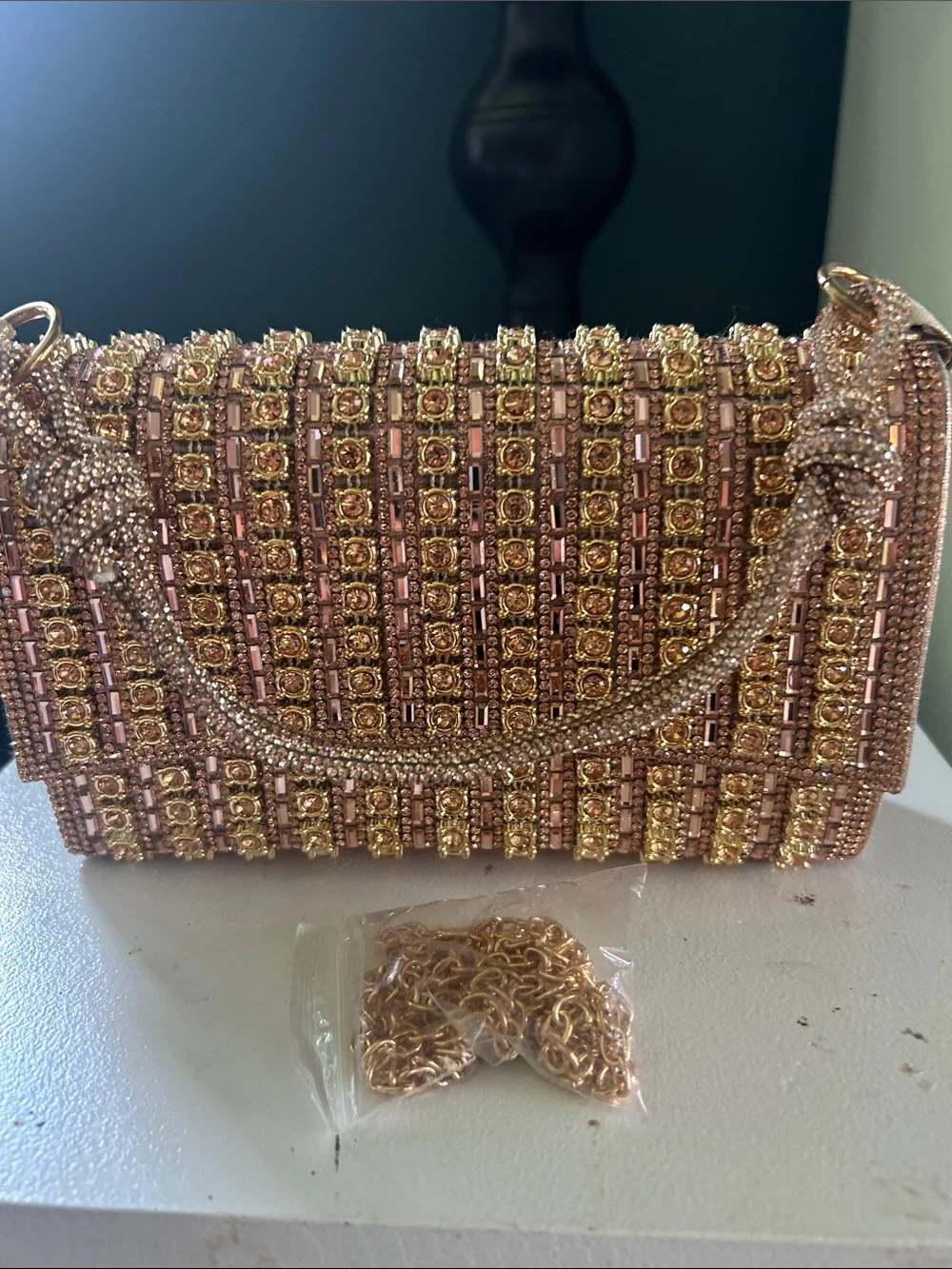 Embellished Rose Gold Beaded Evening Clutch